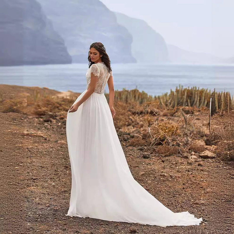 BHstyle Langes Ärmel Spitzen Boho Ball-Gowner mit kleinem Schlepp Leichte Reise Ball-Gown XS-2XL