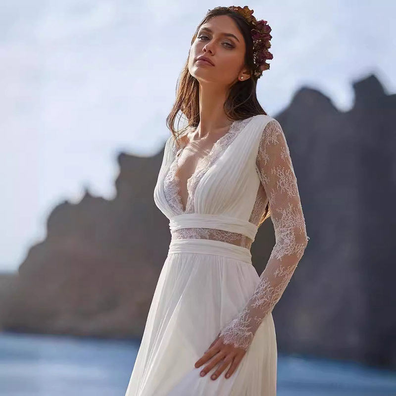 BHstyle Langes Ärmel Spitzen Boho Ball-Gowner mit kleinem Schlepp Leichte Reise Ball-Gown XS-2XL