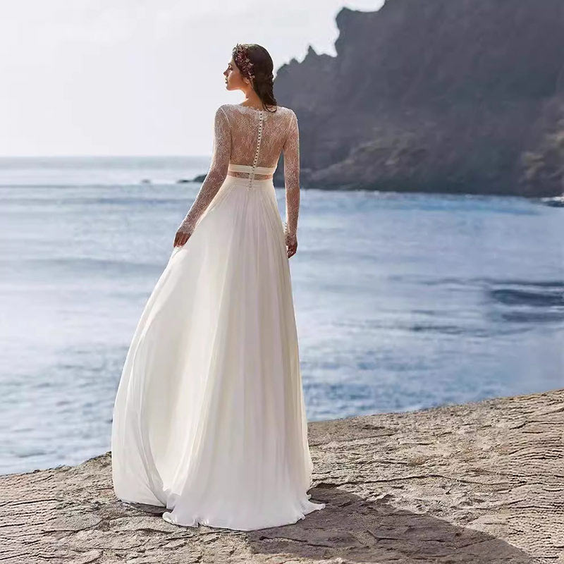 BHstyle Langes Ärmel Spitzen Boho Ball-Gowner mit kleinem Schlepp Leichte Reise Ball-Gown XS-2XL