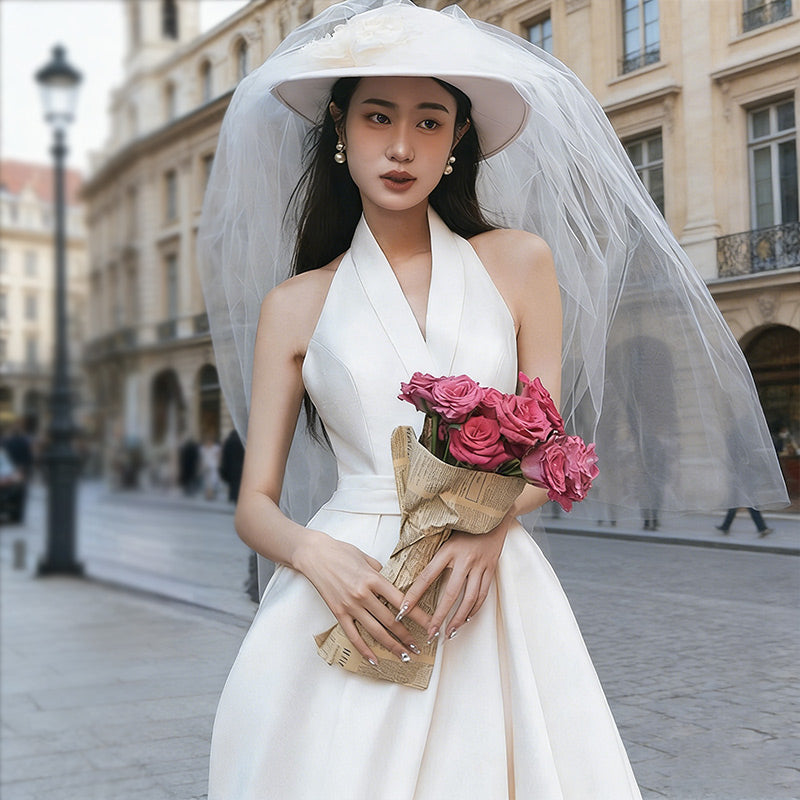 BHstyle Modernes A-Linie Ball-Gown Größe mit Halterneck- Ballkleid aus edlem Satin im Vintage-Stil 32-44