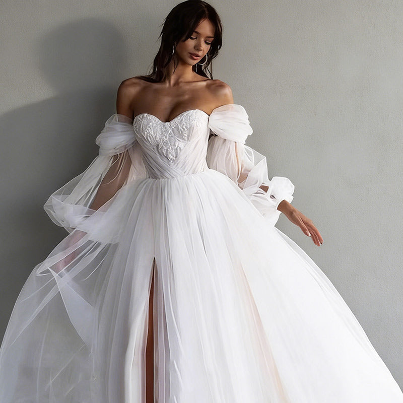 BHstyle Off-Shoulder Ball-Gowner Prinzessin mit Herz-Ausschnitt Beinschlitz – Elfenhaftes A-Linien Kleid mit Puffärmeln 2-26W