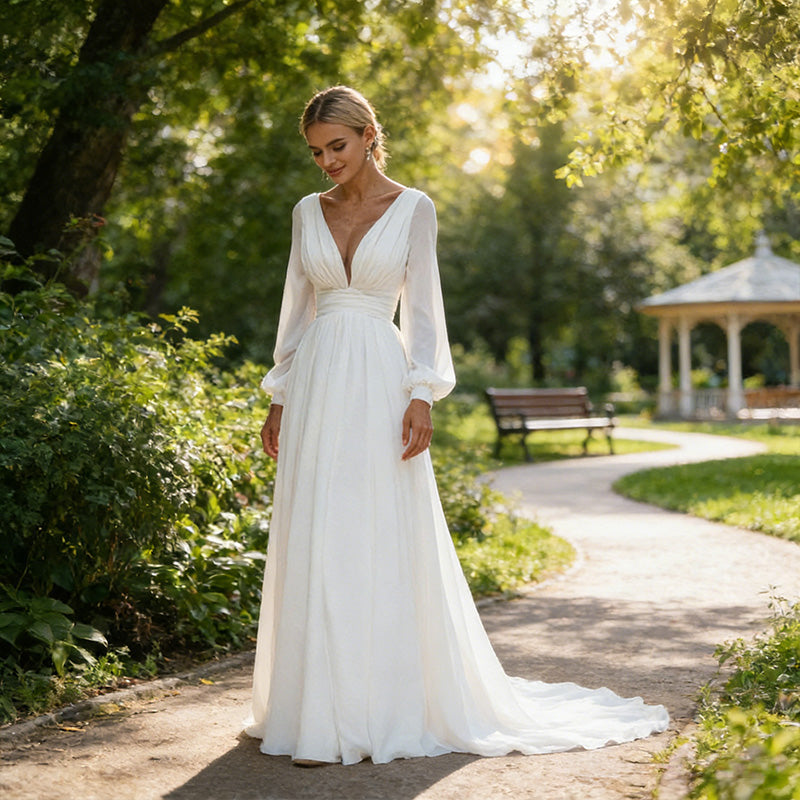 BHstyle Prachtvolles A-Linien Ball-Gown Laternenärmeln – Ballkleid mit tiefem V-Ausschnitt und Schleppe 2-26W