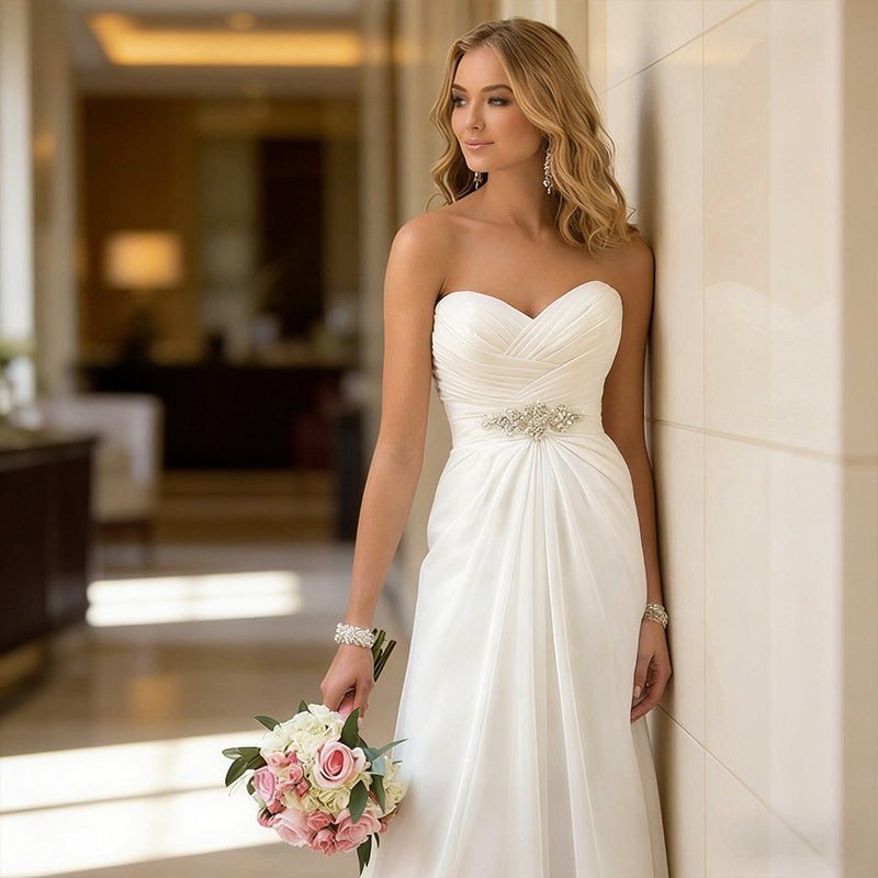 BHstyle Romantisches Ball-Gown in A-Linie mit Herz-Ausschnitt und Kristall-Gürtel Elegantes Chiffon Ballkleid Elfenbein 2-26W