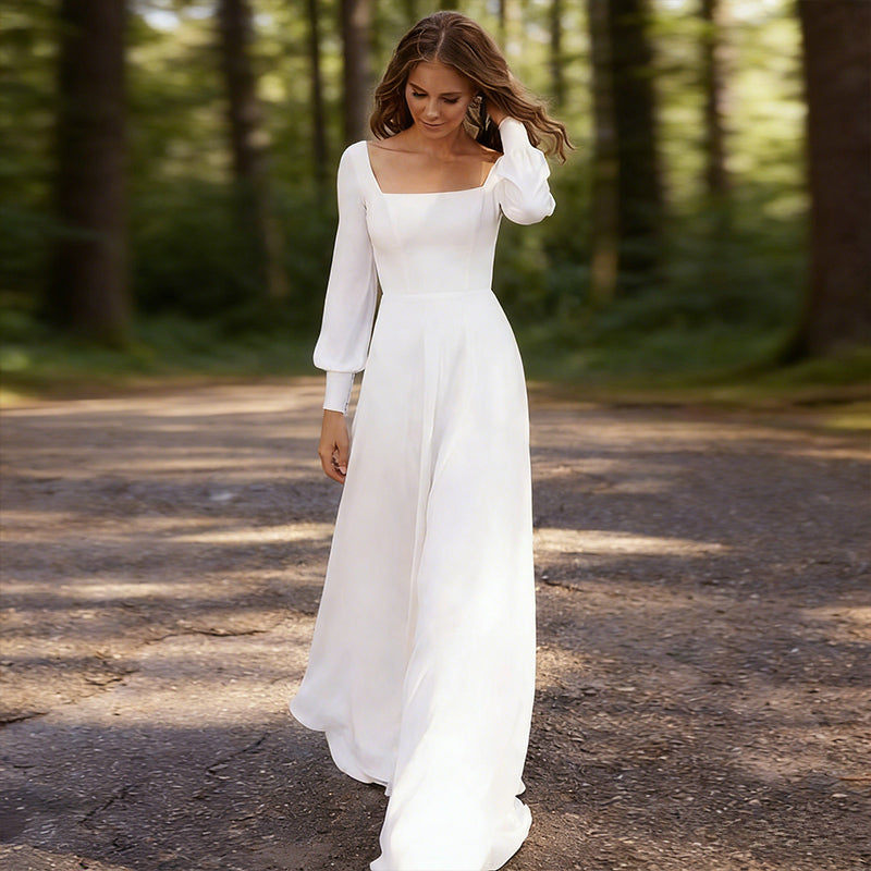 BHstyle Schlichtes Ball-Gown Weiß A Linie Langarm Quadratischer Ausschnitt Ballkleid Chiffon Bodenlang Modern Elegant