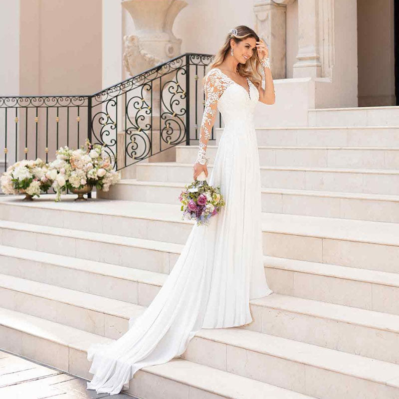 BHstyle Schlichtes Weißes Ball-Gown für Anlassmode – A-Linie Chiffon Kleid in großen Größen mit Reißverschluss 2-16