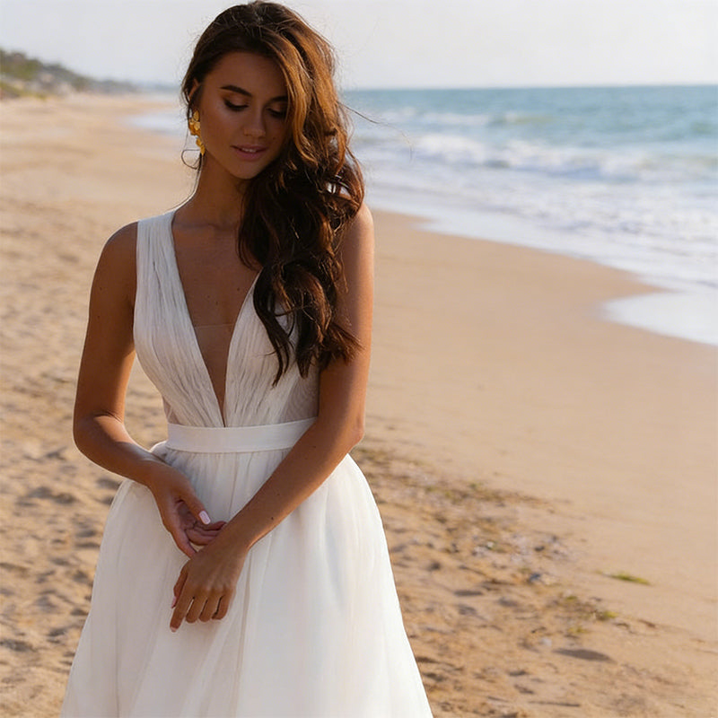 BHstyle Strand-Ball-Gown mit V-Ausschnitt und Plissee-Details A-Linie Elegantes Ballkleid aus Tüll Elfenbein S-2XL