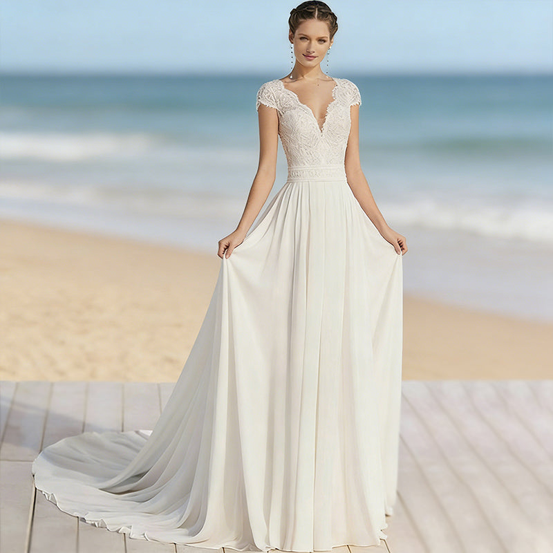 BHstyle Vintage Boho Ball-Gown aus Spitze A Linie mit V Ausschnitt und Kappenärmel Schlichtes Ballkleid Elfenbein 2-26W