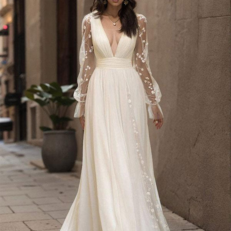 BHstyle Weißes Boho Ball-Gown Spitze V-Ausschnitt Rückenfrei Langarm A-Linie Mit Schleppe Elegantes Ballkleid 2-16