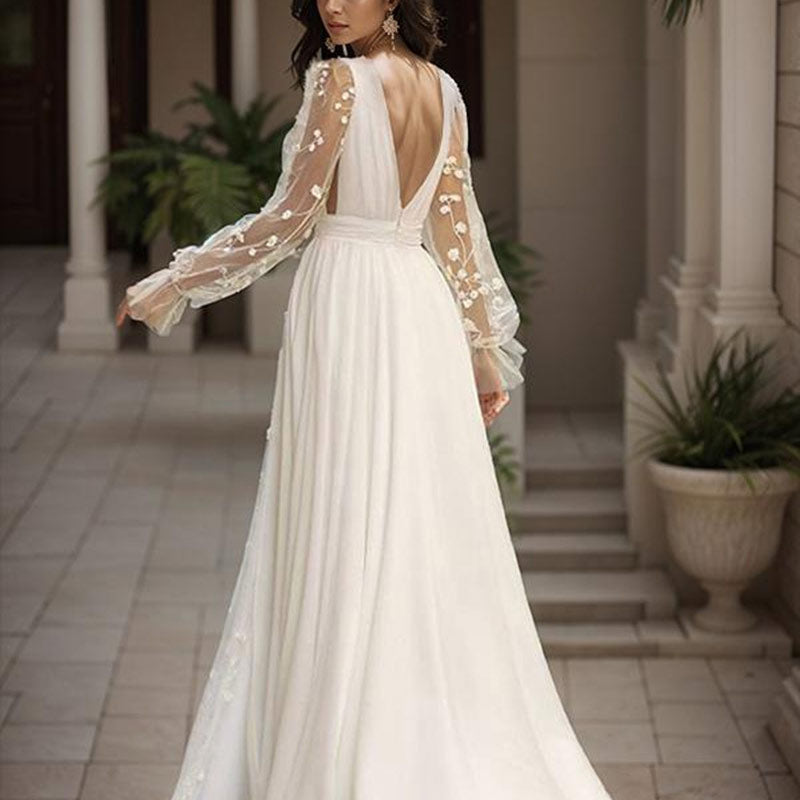 BHstyle Weißes Boho Ball-Gown Spitze V-Ausschnitt Rückenfrei Langarm A-Linie Mit Schleppe Elegantes Ballkleid 2-16