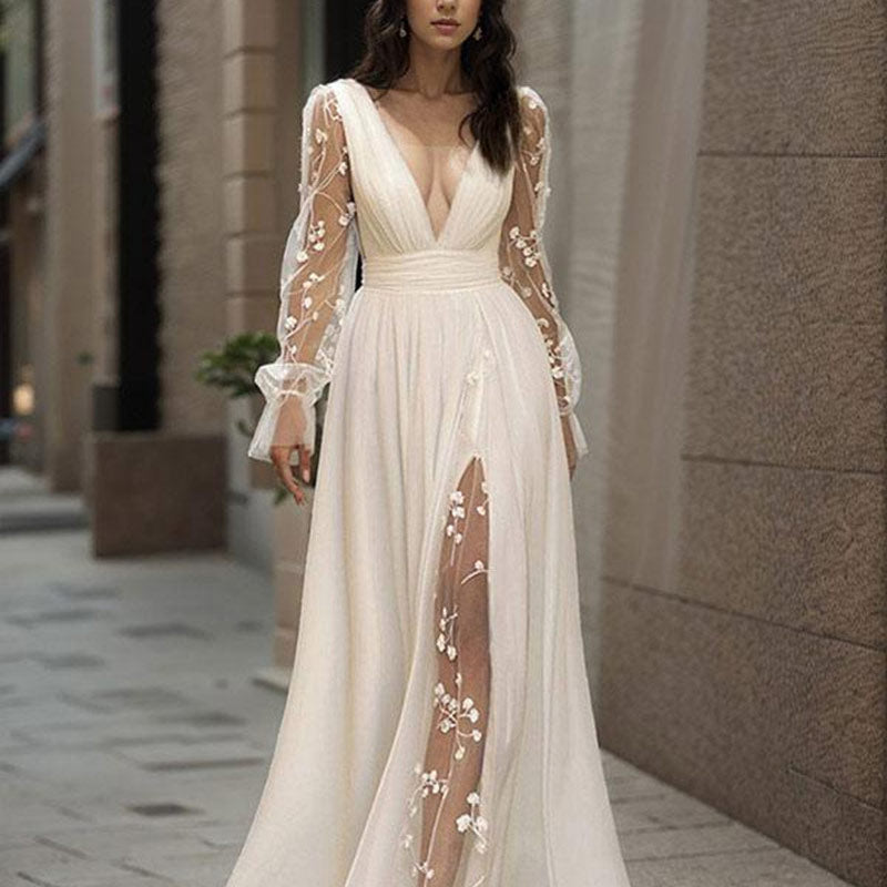 BHstyle Weißes Boho Ball-Gown Spitze V-Ausschnitt Rückenfrei Langarm A-Linie Mit Schleppe Elegantes Ballkleid 2-16
