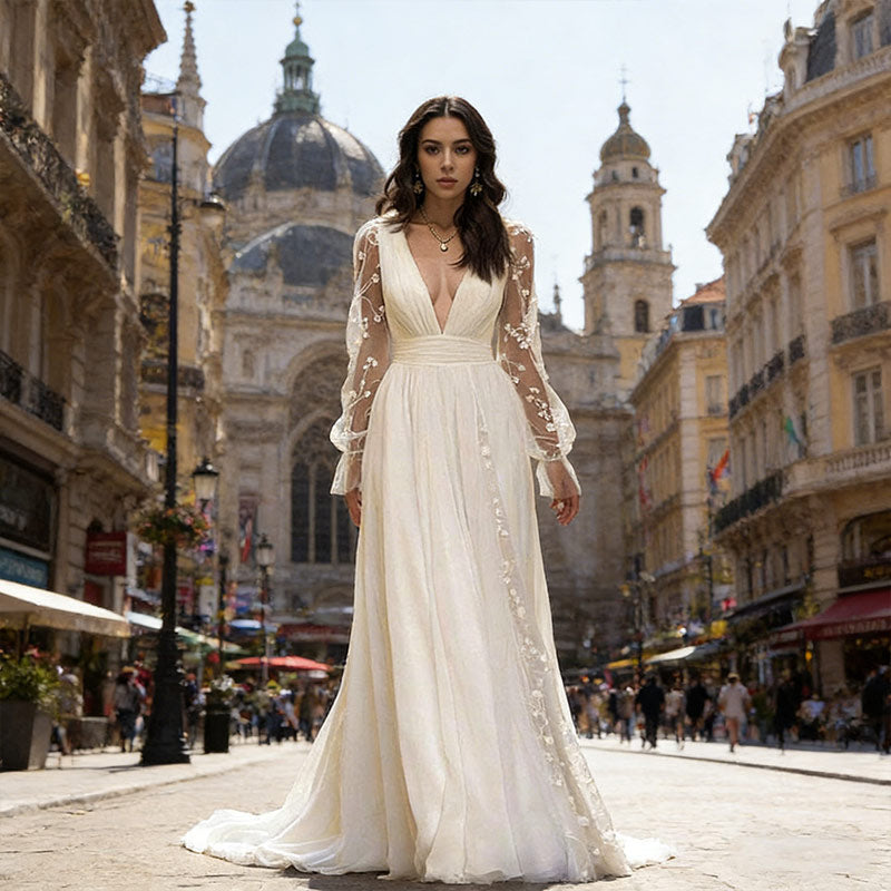 BHstyle Weißes Boho Ball-Gown Spitze V-Ausschnitt Rückenfrei Langarm A-Linie Mit Schleppe Elegantes Ballkleid 2-16