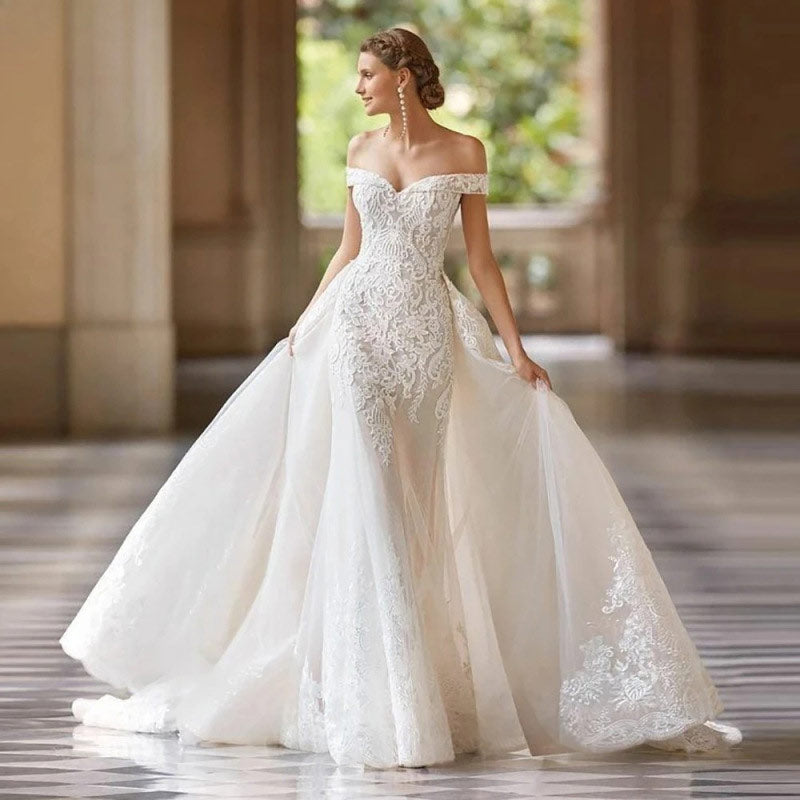 BHstyle Weißes Spitzen Meerjungfrau-Stil Ball-Gowner Prinzessin Herz-Ausschnitt Ärmellos Natürliche Taille Mit Schleppe 2-16