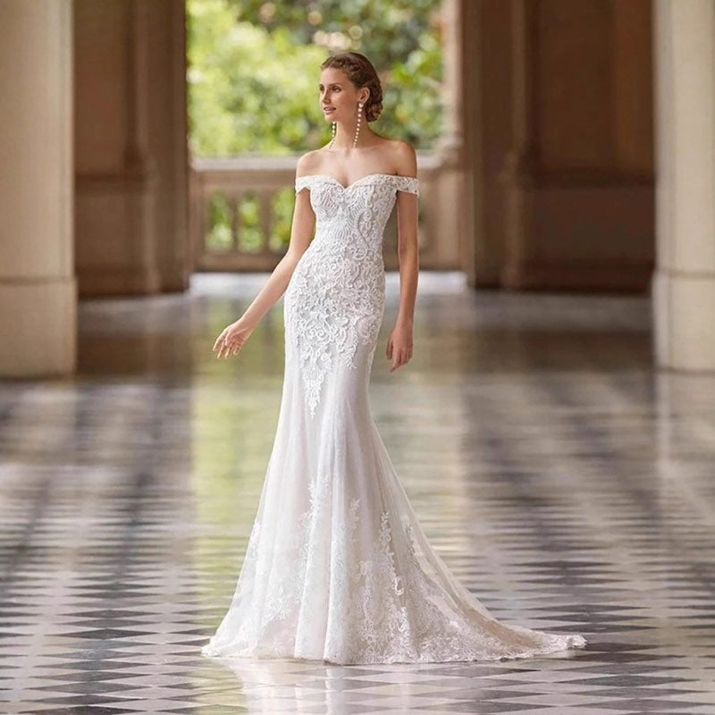 BHstyle Weißes Spitzen Meerjungfrau-Stil Ball-Gowner Prinzessin Herz-Ausschnitt Ärmellos Natürliche Taille Mit Schleppe 2-16