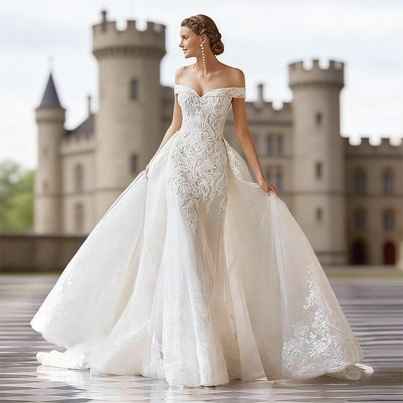 BHstyle Weißes Spitzen Meerjungfrau-Stil Ball-Gowner Prinzessin Herz-Ausschnitt Ärmellos Natürliche Taille Mit Schleppe 2-16