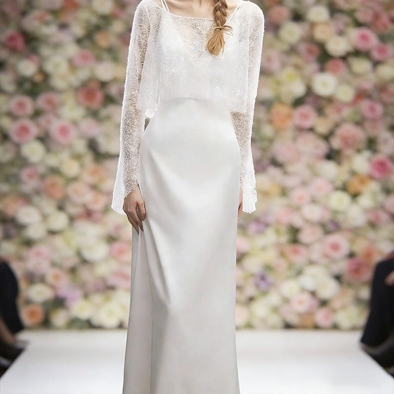 BHstyle Zweiteiliges Boho Ball-Gown mit Glitzer-Caplet und Seidigem Satin Kleid Elegantes A-Linie Ballkleid Elfenbein 32-44